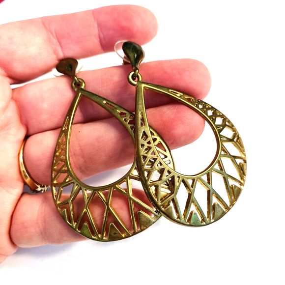Vintage Y2K Boho Goldtone Pierced Earrings Drop Dangle Teardrop Hoops Festival - Picture 4 of 5